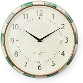 MACKENZIE-CHILDS School Wall Clock, Green-and-White Emerald Check | Hand-painted design, made from enameled steel, requires one AA battery (not included), 12.25" dia. x 2.75" deep