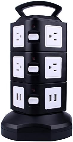 LIFEET Vertical Power Strip Multi-sockets 10 Outlets and 4 USB, 2500W, 110-250 Worldwide Voltage Tower Power Socket Outlets with 6.5 Feet Cord for Home and Office or Store Black