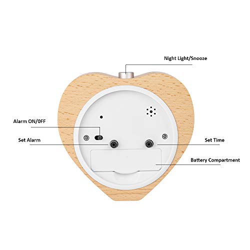 Night Light Alarm Clock, Silent Alarm Clock with Snooze & Gentle Wake, Battery Operated Wooden Heart Clock Decorative for Bedroom, Den, Office - Burlywood, 4 Inch