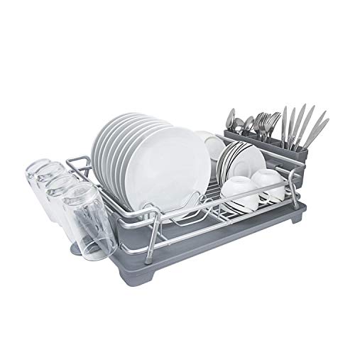 Evelyne GMT-10331 Aluminum Dish Drying Rack With Utensil Holder - Kitchen Countertop Rust Proof Dish Rack And Drainboard Set - Large Dish Organizer Rack