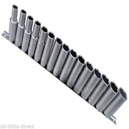 15PC 1/2" Deep Drive Sockets 10-24mm Cr-v Steel On Rail 6 Point Single Hex