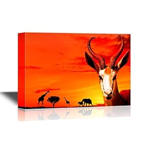 African Savanna Sunset Canvas Wall Art - Wild Animals on African Savannah - Gallery Wrap Modern Home Art | Ready to Hang - 12x18 inches
