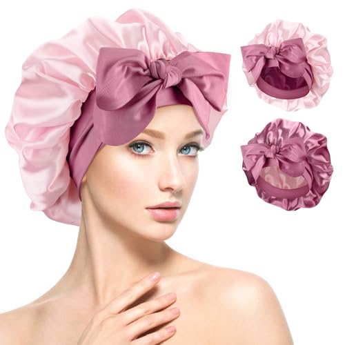 Reversible Satin Bonnet for Sleeping Women, Double Layer Soft Ajustable Elasticity Band Satin Bonnet for Sleeping Hair Silk Sleep Cap Reduce Frizz (Leather Red + Pink)