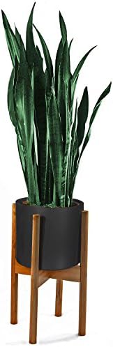 FOX & FERN Mid-Century Modern Plant Stand - Adjustable Width 9" up to 12" - Bamboo - INCLUDING 9" Black Ceramic Planter Pot …