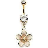 14GA Gold Plated 316L Stainless Steel CZ Crystal White Flower Dangling Belly Button Ring