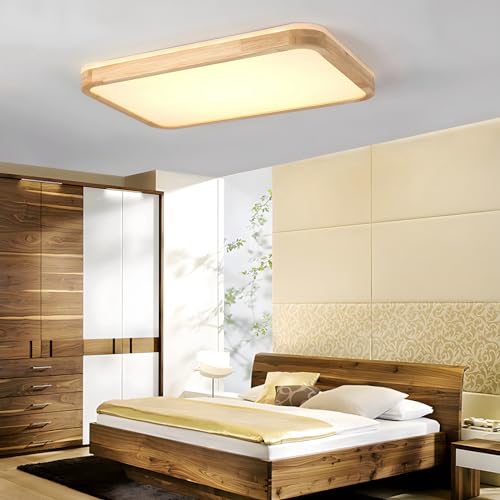 WayLuoung LED Wood Ceiling Light | 80 x 60 cm 3000-6000 K 78 W | Rectangular Natural Wood Lamp 360° Glow for Bedroom Living Room Children's Bedroom Kitchen Room (Dimmable with Remote Control)