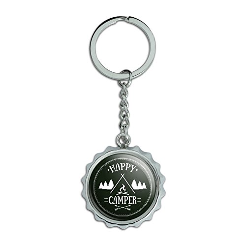 Happy Camper with Campfire Chrome Plated Metal Pop Cap Bottle Opener Keychain Key Ring