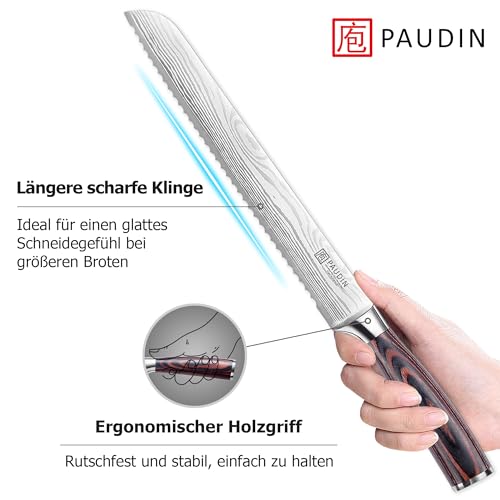 PAUDIN Brotmesser mit Wellenschliff 26 cm aus hochwertigem rostfreiem Edelstahl, extra scharfe Messerklinge mit ergonomischem Pakkaholzgriff thumbnail 3
