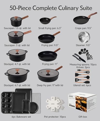 JEETEE 50-Piece Titanium Pots and Pan Set Non Stick, Cookware Set with 6pc Bakeware, Ultimate Pots and Pans Set for Cooking with Lid, Induction & Oven & Dishwasher Safe, PFAS Free, Black