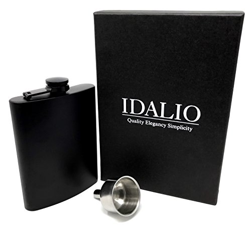Hip Flask For Liquor 8 oz Stainless Steel Matte Black Leakproof in Premium Gift Box With Big Funnel For Men & Women for Perfecting Your Drinking Experience by IDALIO