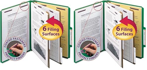 Smead Pressboard Classification File Folder with SafeSHIELD Fasteners, 2 Dividers, 2" Expansion, Letter Size, Green, 10 per Box (14033) (Pack of 2) Image
