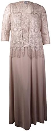Patra Women's 2PC Metallic Lace Chiffon Dress Jacket Set (16, Oyster)