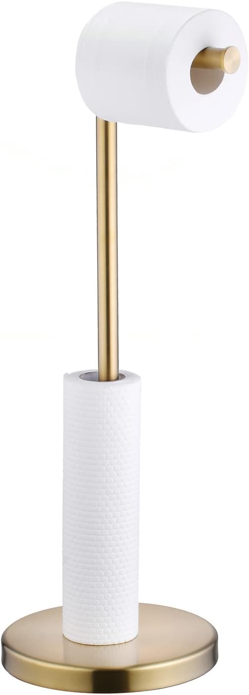 YUET Freestanding Toilet Roll Holders Free Standing Folding Paper Holder Stand Storage Stainless Steel Bathroom, Anti Rust Pedestal Free-Standing Dispenser Holds 5 (Gold)