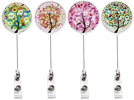 YOUKOOD Van Gogh Oil Painting Style Round White Gem Glasss Retractable Badge Holder for Women Girls, ID Badge Reel with 360°Alligator Swivel Clip 4 Pack (Tree)