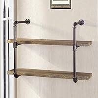 YU YUSING 2 Tier Industrial Pipe Shelf with wood & Metal, Rustic Hanging Wall Shelves for Bedrooms, Bathroom Shelving, Kitchens Coffee Shops or Bar Storage