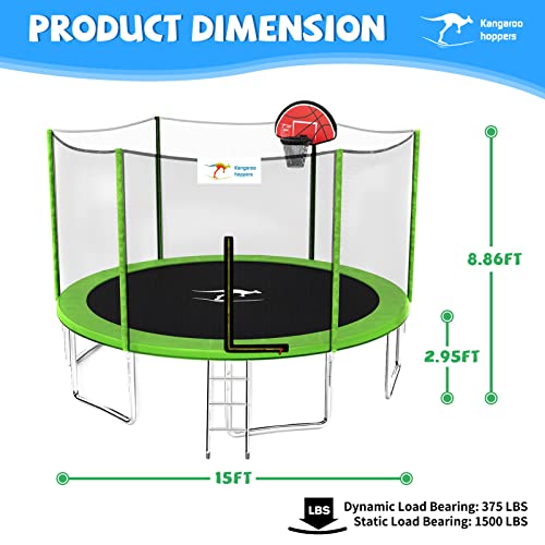 Kangaroo Hoppers 15 FT Trampoline with Safety Enclosure Net, Basketball