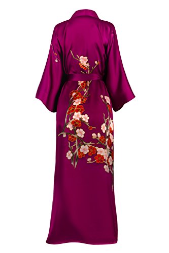 Old Shanghai Women's Silk Kimono Long Robe - Handpainted, Cherry Blossom Fuchsia