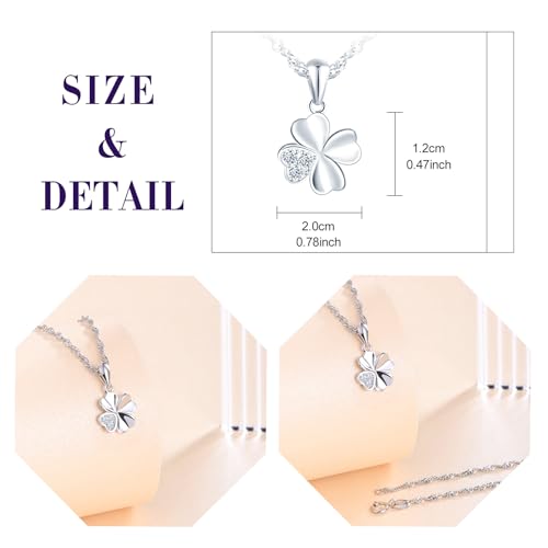 feilok Women's Necklace with Clover Leaf Cubic Zirconia Four Leaf Lucky Charm Pendant Made of 925 Sterling Silver Necklace for Women Girls