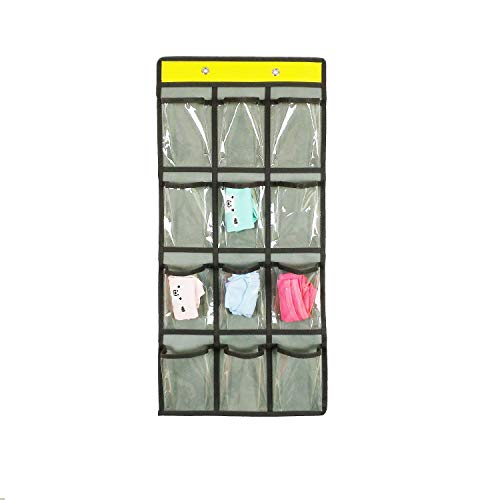 ANIZER Classroom Pocket Chart for Cell Phones Calculators Over The Door Hanging Closet Underwear Sock Jewelry Organizer Holder 12 Clear Pockets (Grey)
