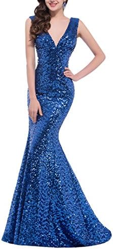 OYISHA Womens V-neck Sequin Mermaid Evening Dresses Sexy Wedding Formal Gowns MX-18SQ Dark Blue 8