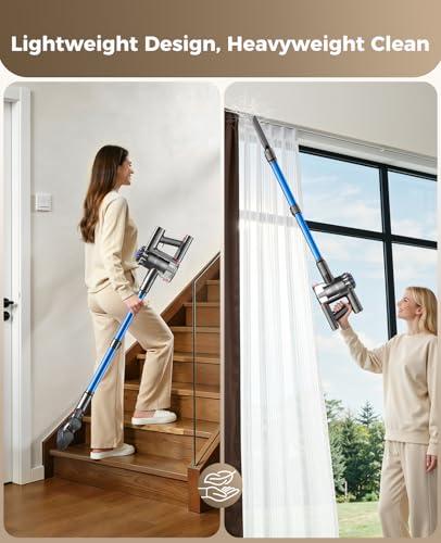 Cordless Vacuum Cleaner, 450W 40KPA Vacuum Cleaners for Home, 45Mins Lightweight Self-Standing Stick Vacuum with Advance Green Light, Rechargeable Battery Vac for Carpet, Pet Hair, Hardwood Floor-Blue