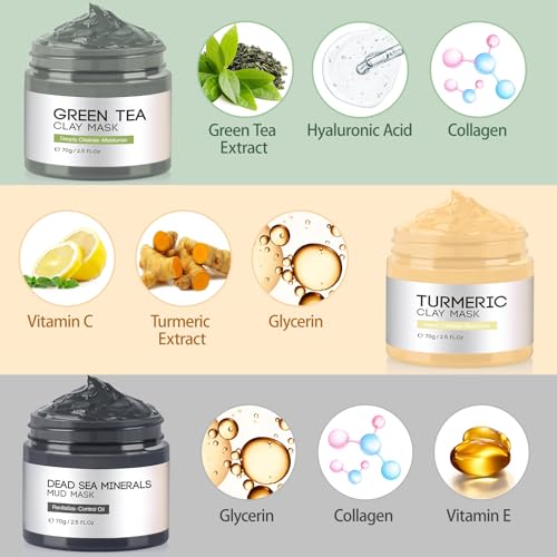 Clay Mask, Face Masks Skincare, Turmeric, Dead Sea Mud, Green Tea Face Mask, Facial Mask Set for Deeply Cleansing, Pores, Acne, and Oil Control - 3x70g