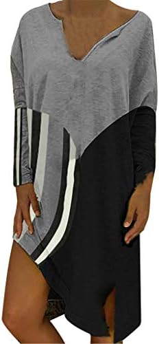 Sharemen Cotton and Linen Striped Stitching T-Shirt V-Neck Loose Dress