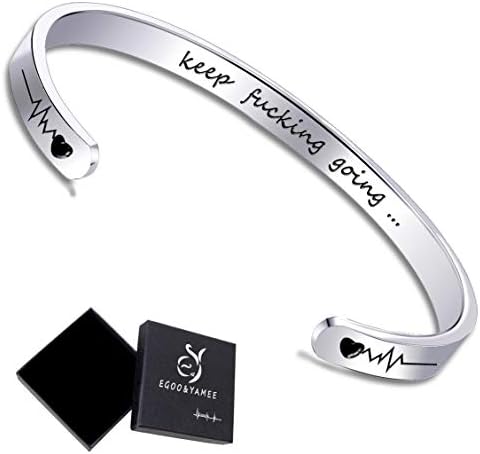EGOO YAMEE Inspirational Cuff Mantra Bracelets - Quote 'Keep Going' Bangle with Heartbeat Stainless Steel Personalized Engraved Bangle Motivational Encouragement Bracelets for Women Girls Teen
