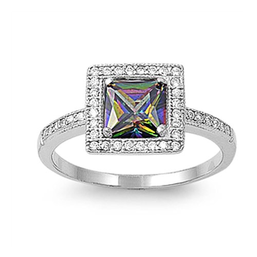 Sterling Silver Square Rainbow Multicolor Cubic Zirconia Ring - size6