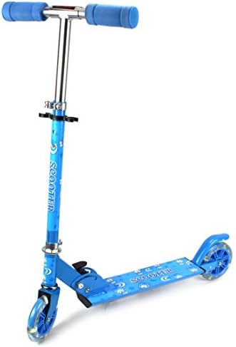 Fun Cat Children's Two Wheeled Metal Toy Kick Scooter w/ Light Up Wheels, Adjustable Handlebar Height, Rear Fender Brake (Blue)