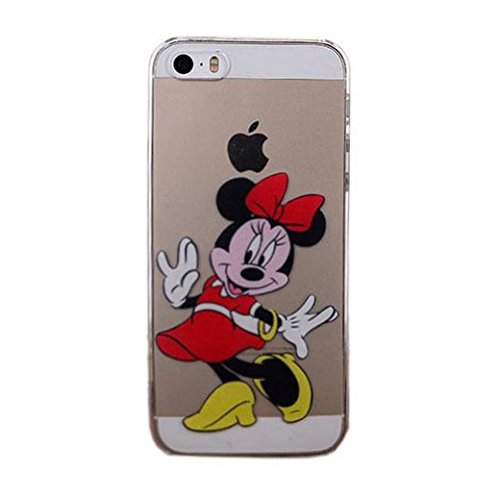 for iPhone 5 / 5S - Disney Mickey & Minnie Mouse Apple Logo Clear Transparent Hard Back Protector Case Cover *Includes Free Tempered Glass* [Apple iPhone 5/5S Only] (Red Minnie)