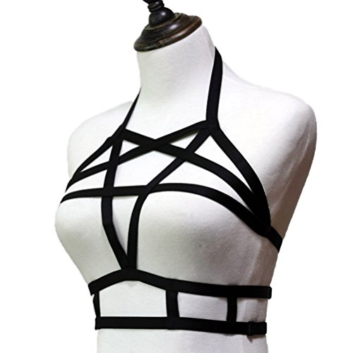 Jelinda Womens Sexy Goth Pentagram Harness Strappy Body Caged Bra (Y003) (black), One Size