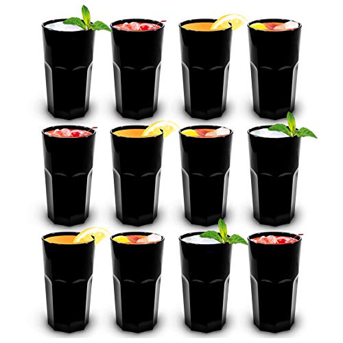 RBDRINKS RB Retro Tumbler Glasses Black Premium Plastic Unbreakable Reusable 12oz, Set of 12