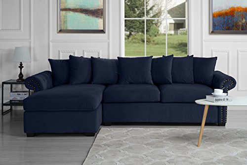 Modern Large Tufted Velvet Sectional Sofa, Scroll Arm L-Shape Couch (Navy Blue)