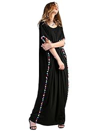 Floerns Maxi Kaftan vestido suelto casual con pompón y cuello en O para dama