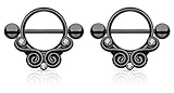 Lace Swirls Clear Gems Tribal Nipple Shields Rings Barbell Barbells 14g 316L Stainless Steel - Sold as a Pair (Hematite)