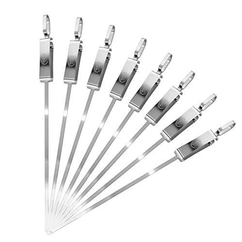 BBQ Stainless Steel Kabob Skewers For Barbecue Stick Grilling, 16 Inch Long With Metal Sliding Handle (8)