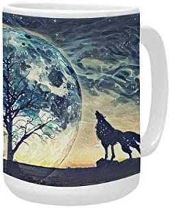InterestPrintt Howling Wolf and Tree Huge Planet Starry Sky Ceramic Coffee Travel Mug 15 Oz, Mug Funny for Coffee, Tea, Cocoa, Milk and Juice