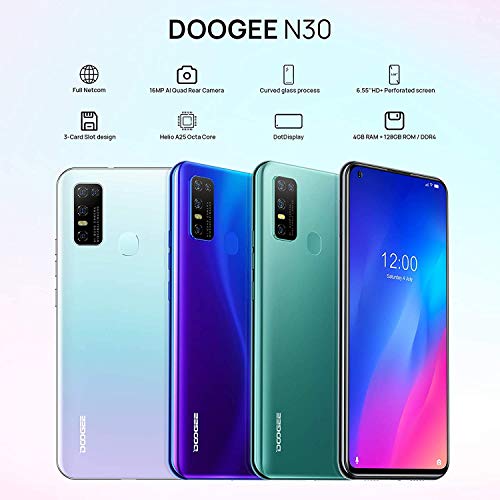 DOOGEE N30 Unlocked Cell Phones(4GB+128GB) 6.55" FHD+Perforated Screen, 4500mAh High Capacity Battery Smartphone with 16MP AI Quad Camera, Android 10 and Dual 4G Volte(Misty White)