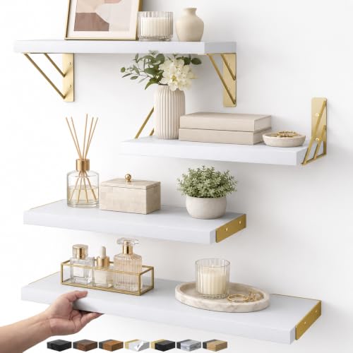 BAYKA Wall Mounted Floating Shelves (White and Gold, Set of 4, 16.5" Mixed)