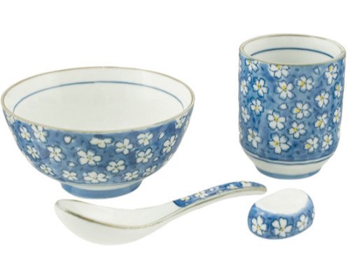 Japanese Traditional Cherry Blossom Sakura Dinnerware Set for 1 with Ceramic Rose Bowl Sushi Restaurant Tea Cup Ceramic Spoon and Ceramic Chopsticks Rest Holder Gift Set Tableware Starter Kit (Blue)