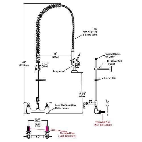 Aquaterior Chrome Commercial Wall-mount Faucet Pull Down Pre-rinse Spray with 12" Add-on Riser Spout CUPC NSF ANSI
