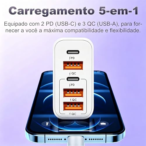 Carregador USB-C Turbo 176W Fonte Tipo C Carregador Celulares de Pared 5 Portas 3USB+2USB-C Universal Compatível com iPhone HUAWEI Samsung Xiaomi Redmi Motorola