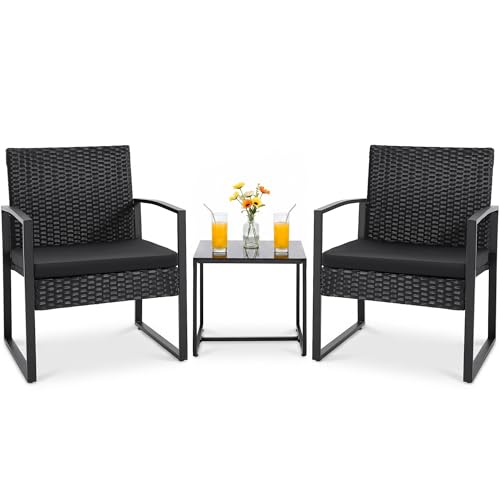 Flamaker 3-teiliges Terrassenmöbel-Set für den Außenbereich, Korbgeflecht, Bistrostuhl (schwarz)