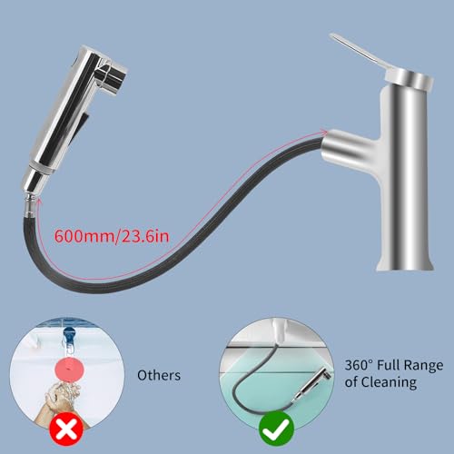 VirtuGro Bathroom Sink Faucet with Pull-Out Hand Shower 3 Modes Single Lever Hot and Cold Mixer Tap Aerator Shower for Sink (Silver)