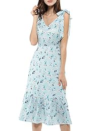 Allegra K Vestido de mujer con cuello en V y tirantes con volantes y dobladillo floral