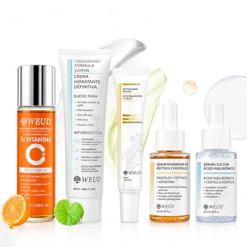 WEUD Skin Care Coreano 5 En 1 Kit, con 1 Crema Hidratante Centella + Tonico 5X Vitamina C Activa + 1 Cremas de Ojos Retinal + 1 Serum Centella + 1 Serum Péptidos Propóleo, para Todo Tipo de Piel