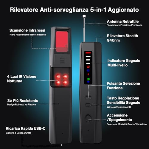 5-in-1 Professional Spy & Hidden Camera Detector, 2025 Anti-Spy GPS Spy Detector, Burglar Alarm, Bedbugs, RF Devices and Audio with Advanced Scanning for Home, Hotel, Office