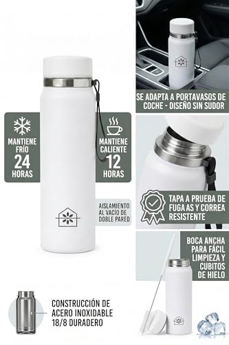 Cosmasen Botella de Agua Acero Inoxidable 1000 ml (1 Litro) - Cantimplora Térmica de Doble Pared al Vacío | Mantiene Frío 24h y Calor 12h | Botella Antifugas Sin BPA | Gimnasio y Oficina, Blanco
