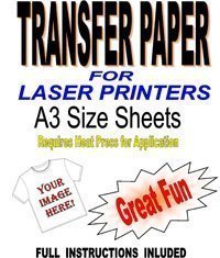 Laser & Copier Printable T Shirt & Fabric Transfer Paper for Light Fabrics 10 A3 Sheets